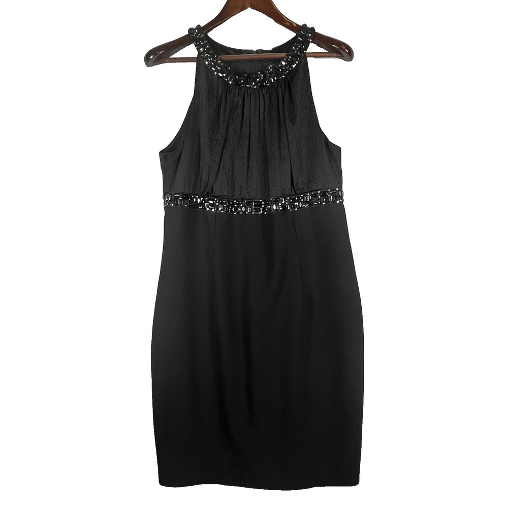 Carmen Marc Valvo Womens 14 Silk Beaded Halter Cocktail Dress Black Sheath
